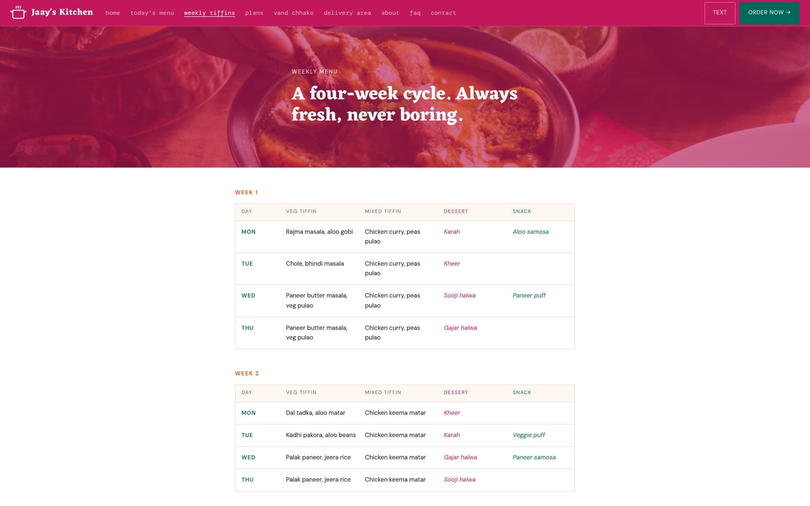 Jaay's Kitchen — Weekly tiffins